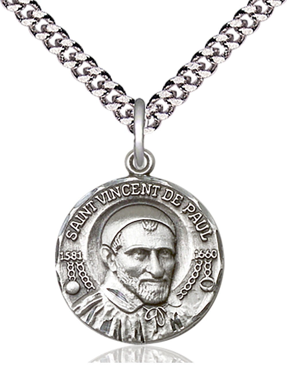 Sterling Silver Saint Vincent de Paul Medal on an 18-inch Light Rhodium Heavy Curb Chain