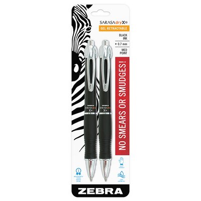Zebra Sarasa Dry X10 Gel Retractable Pen 0.7mm Black Ink 2 Count