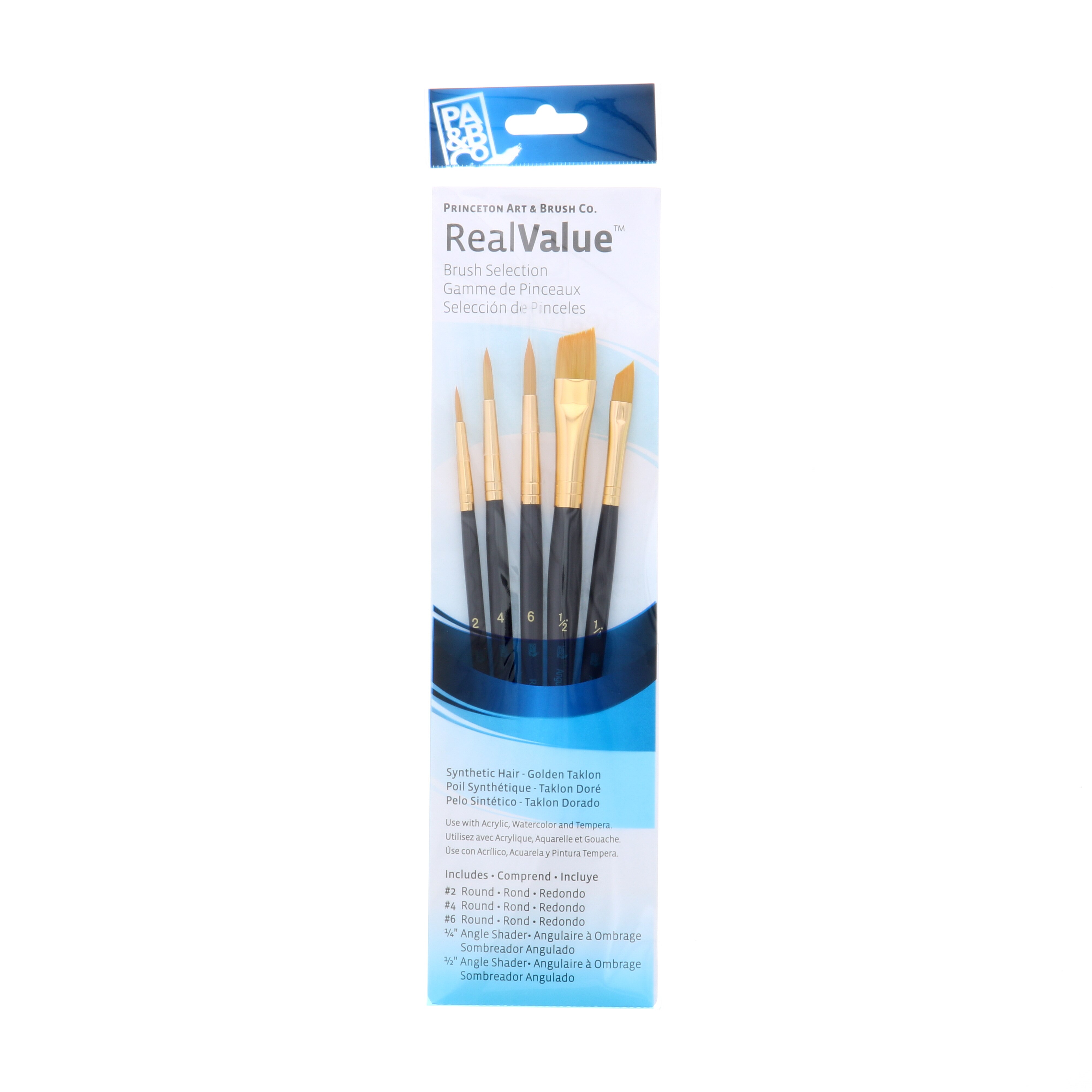 Princeton Brush Real Value 5-Brush Golden Taklon Brush Set Round 2, 4, 6, Angle Shader 1/4, 1/2 (LH)