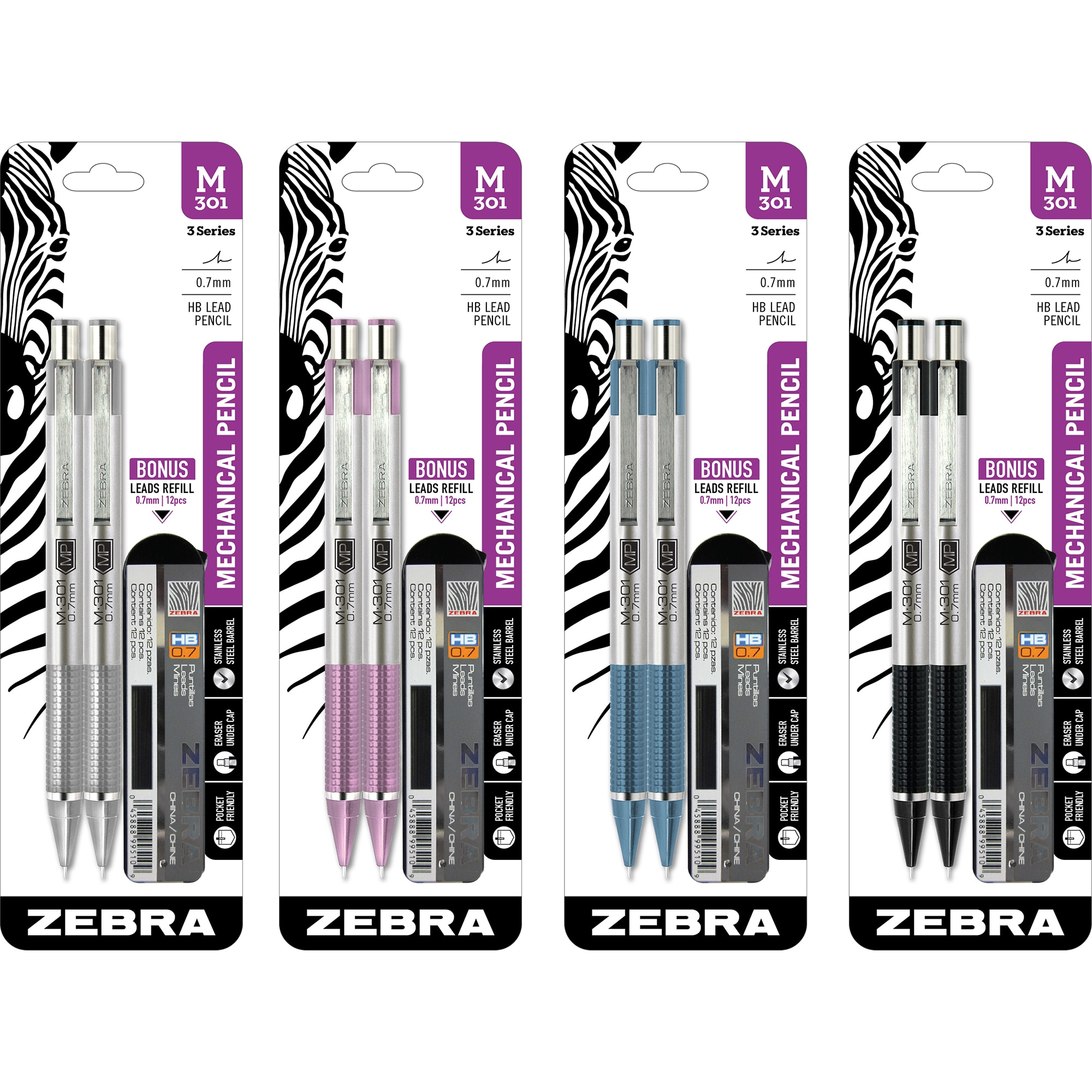 M-301 Mechanical Penical Assorted Barrels 2pk W/Bonus Refill 0.7Mm