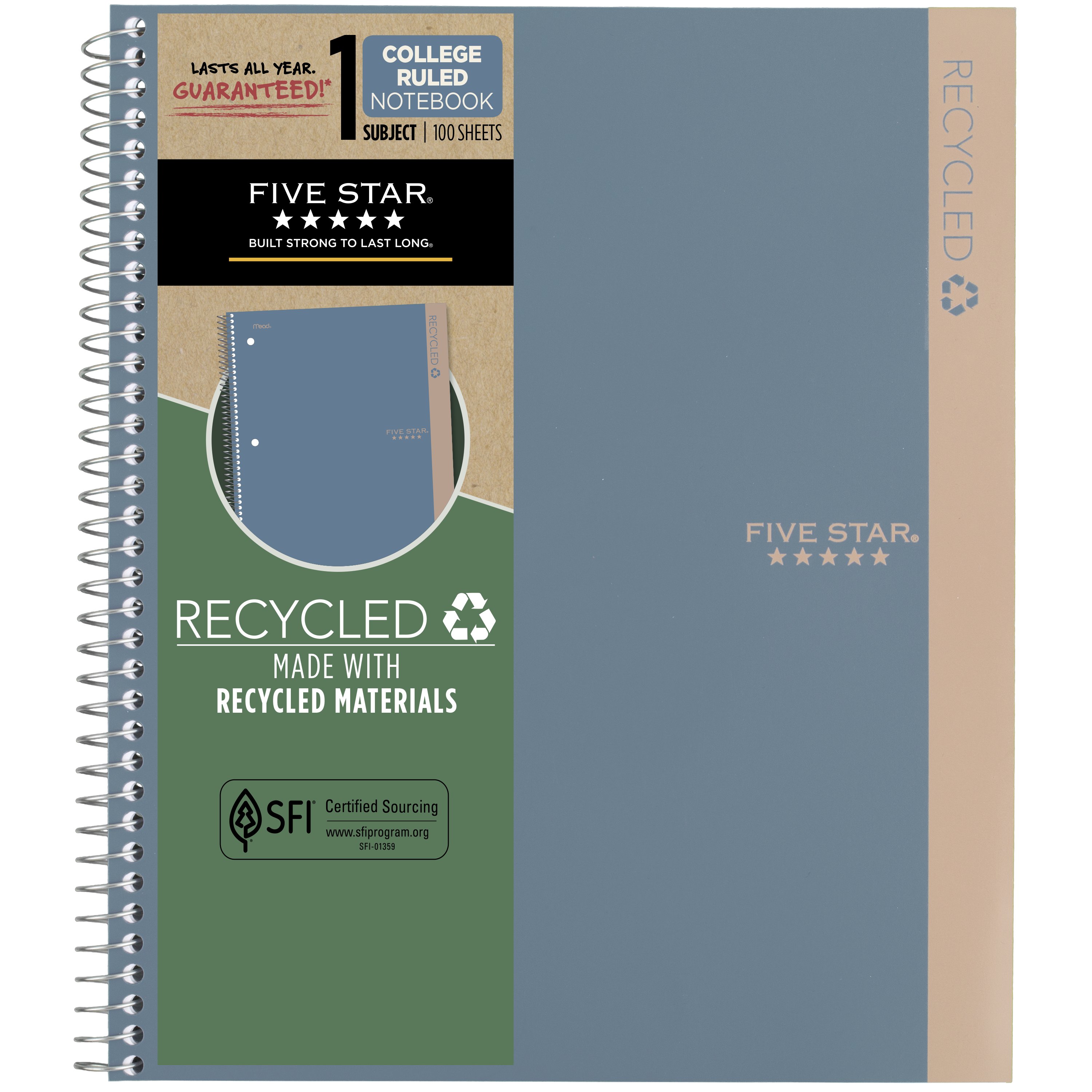 Five Star(R) Recycled 1 Subject Notebook, 100 count, College Ruled