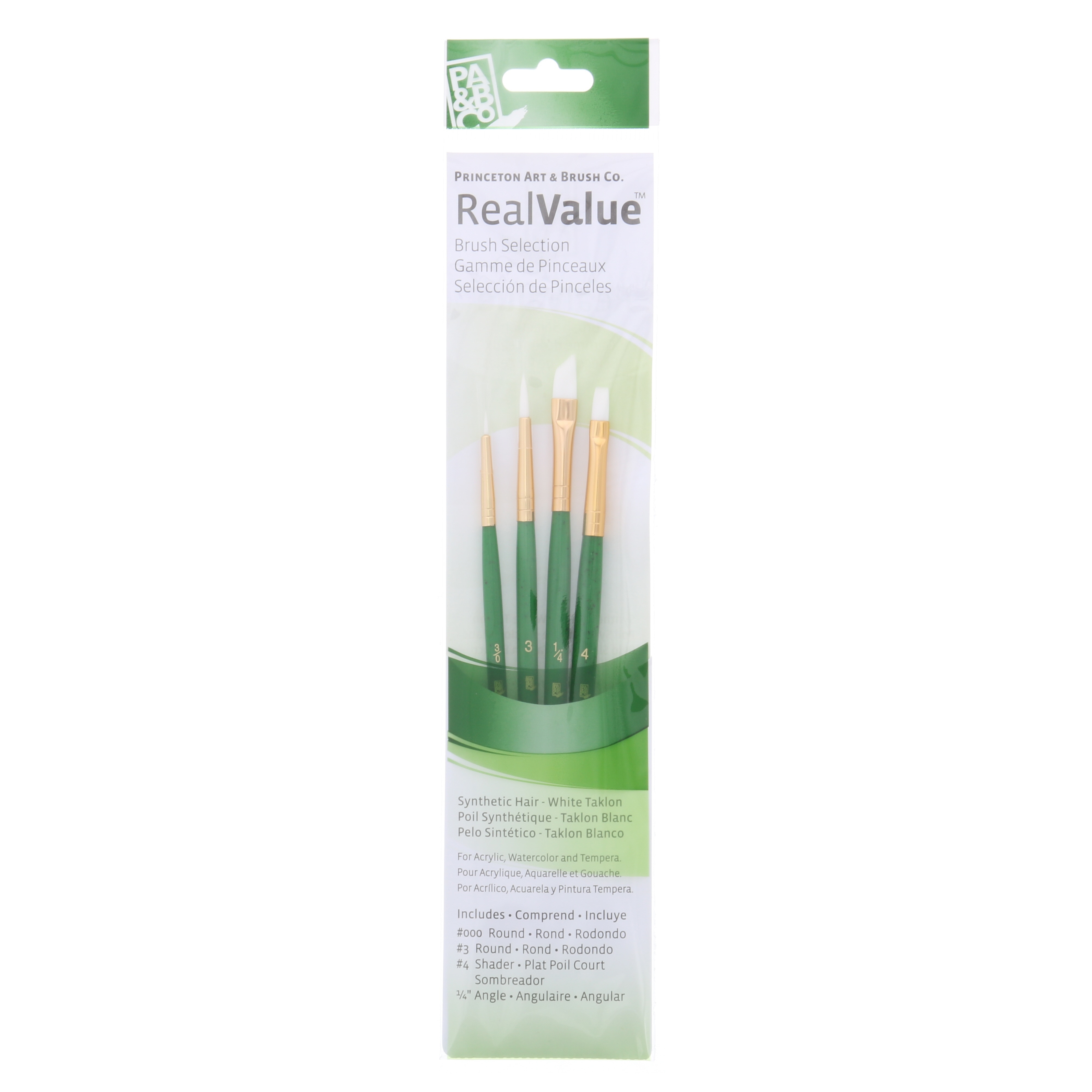 Princeton Brush Real Value 4-Brush White Taklon Brush Set, Round 3/0, 3, Shader 4, Angle 1/4