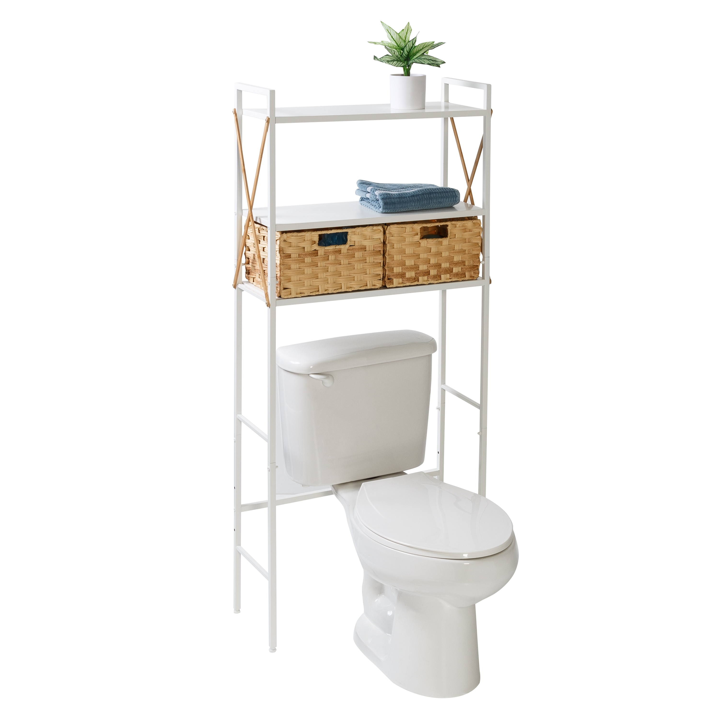 White/Natural Over-The-Toilet 3-Tier Space Saver with Baskets