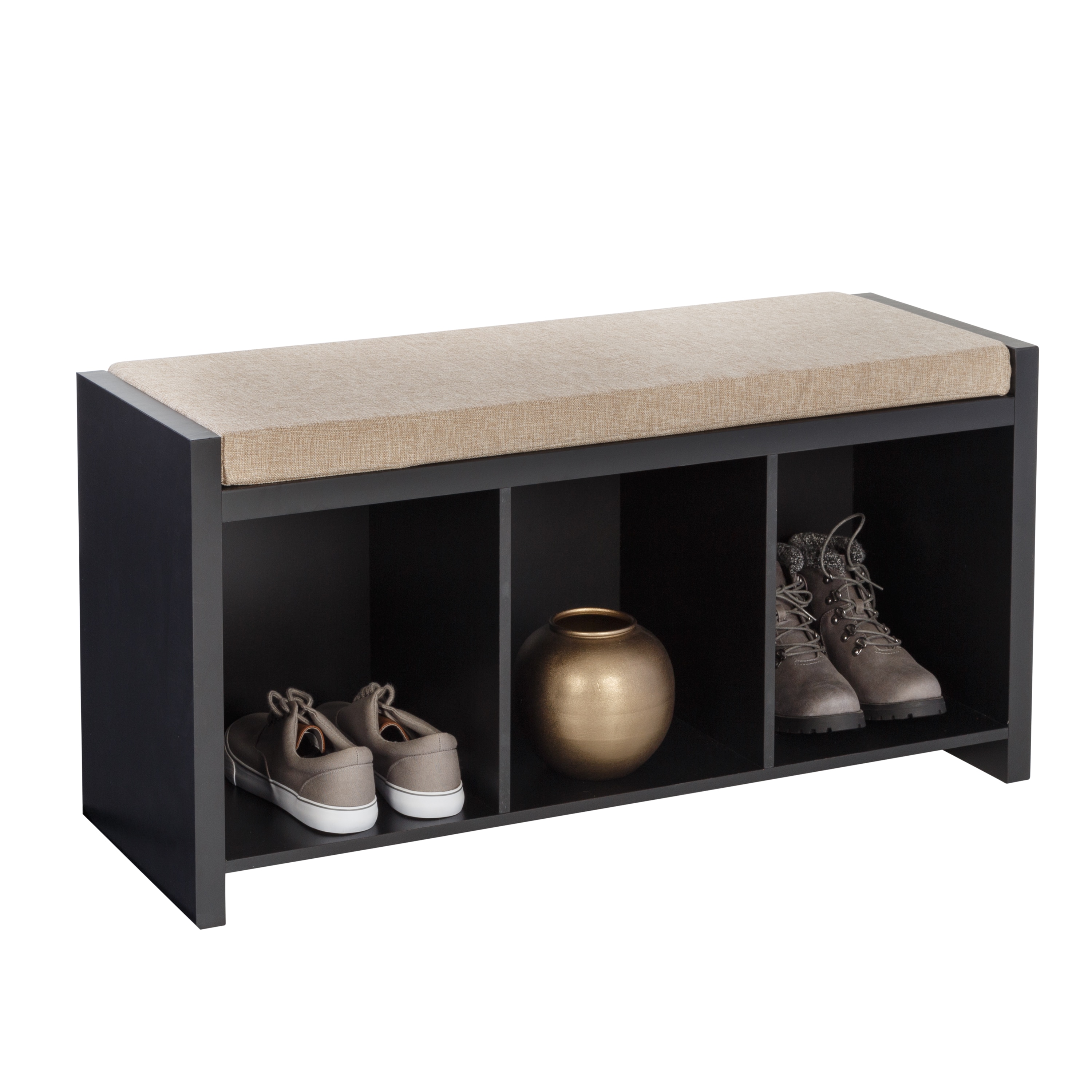 Black 3-Cubby Shoe Organizer Bench with Cushion