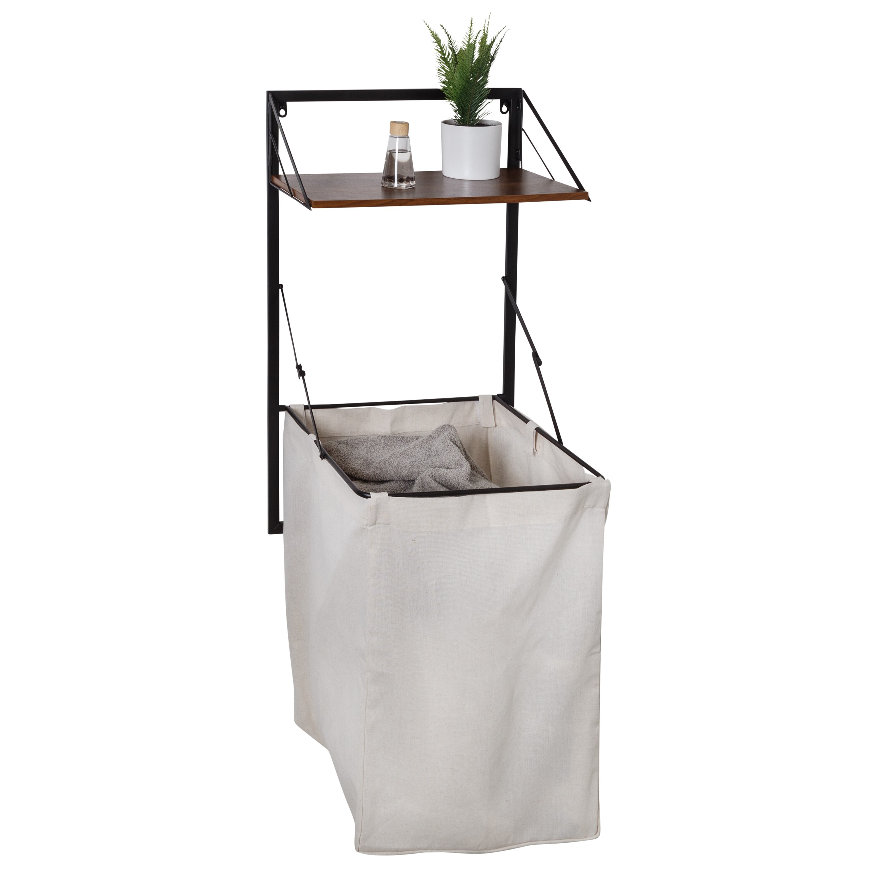 Collapsible Wall-Mounted Clothes Hamper with Canvas Laundry Bag and Wood Shelf