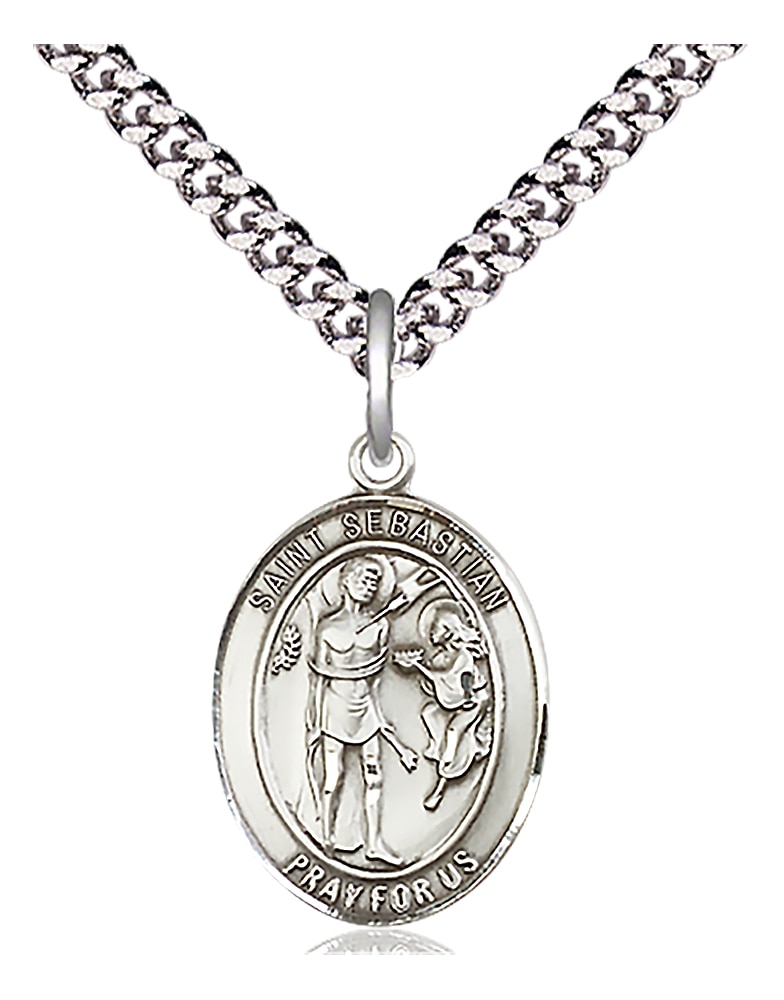 Sterling Silver Saint Sebastian on an 18-inch Light Rhodium Heavy Curb Chain.  Handmade in the USA