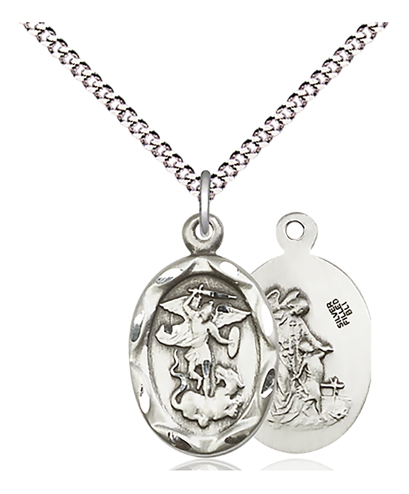 Sterling Silver Saint Michael the Archangel Pendant on an 18-inch Light Rhodium Light Curb Chain.  Handmade in the USA