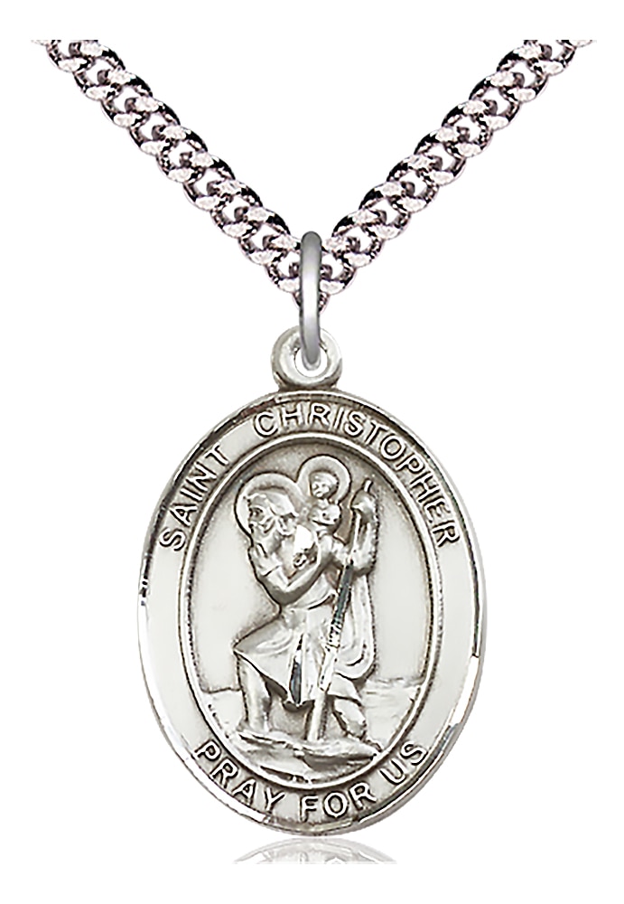 Sterling Silver Saint Christopher Pendant on an 24-inch Light Rhodium Heavy Curb Chain.  Handmade in the USA