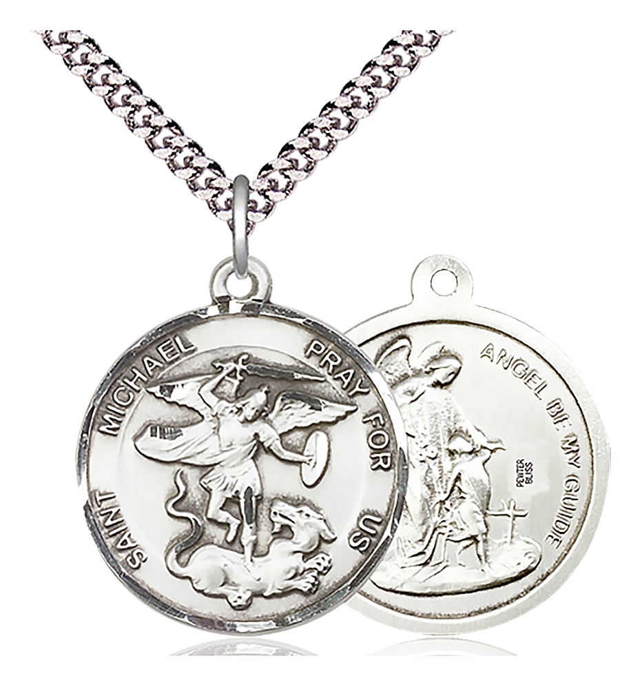 Sterling Silver Saint Michael the Archangel Pendant on an 24-inch Light Rhodium Heavy Curb Chain.  Handmade in the USA