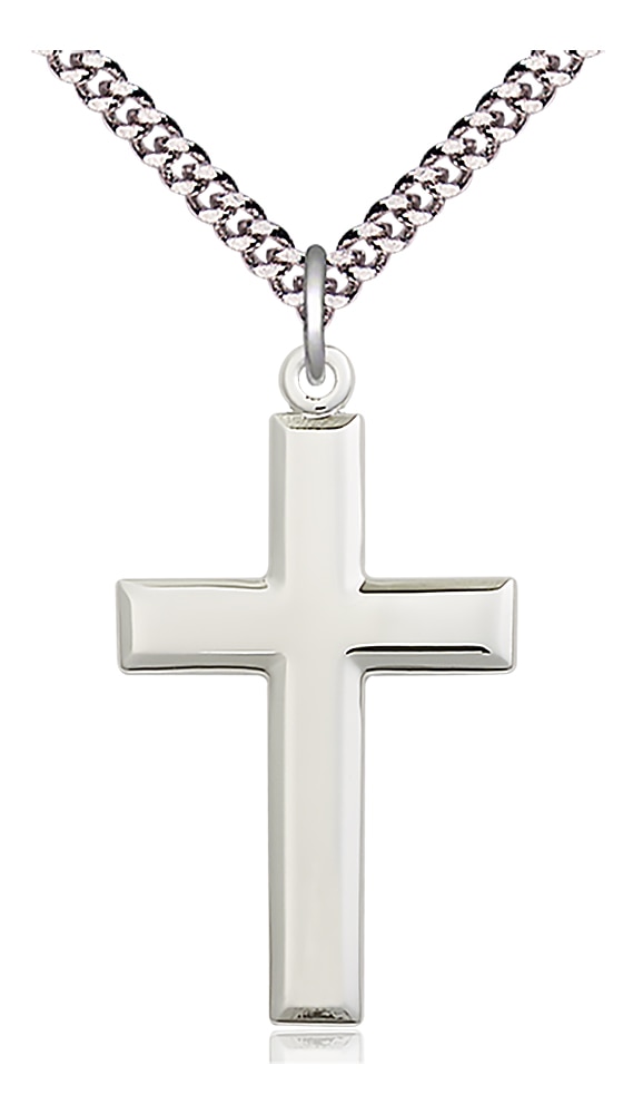 Sterling Silver Cross Pendant on an 24-inch Light Rhodium Heavy Curb Chain.  Handmade in the USA