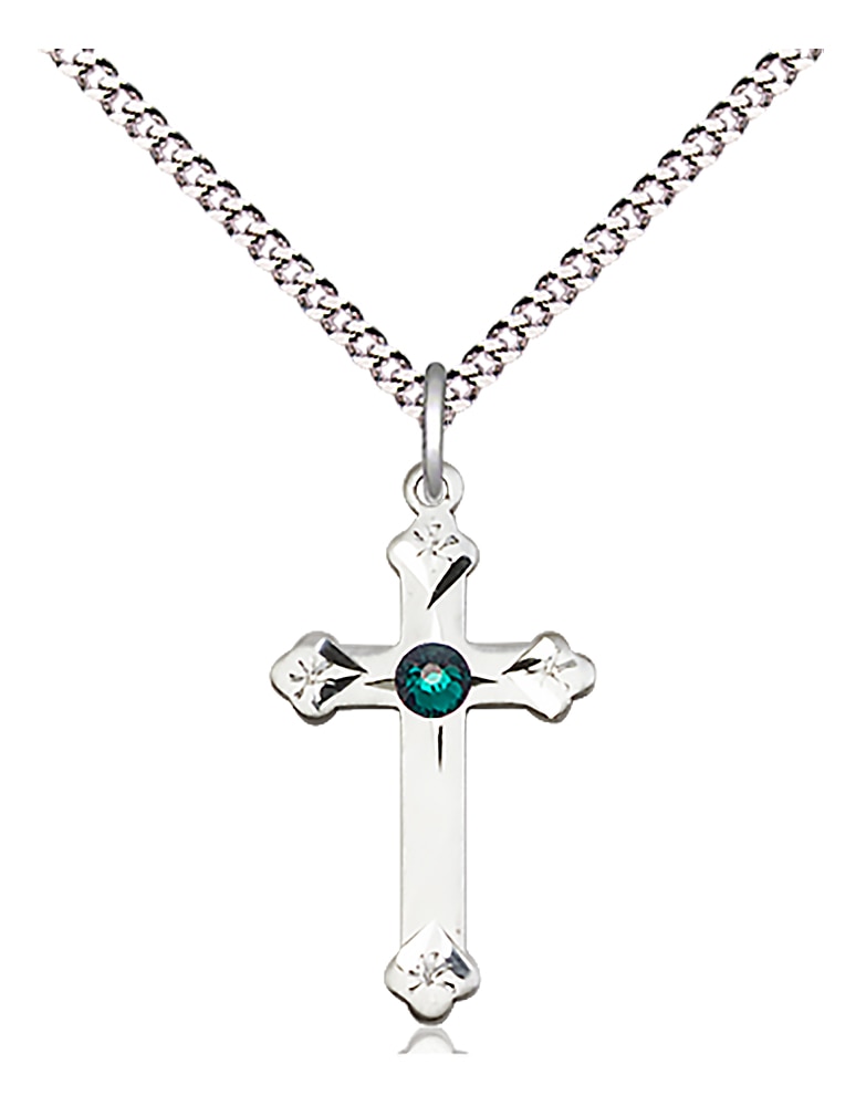 Sterling Silver Cross with  Dark Green Stone on an 18-Inch Light Rhodium Light Curb Chain