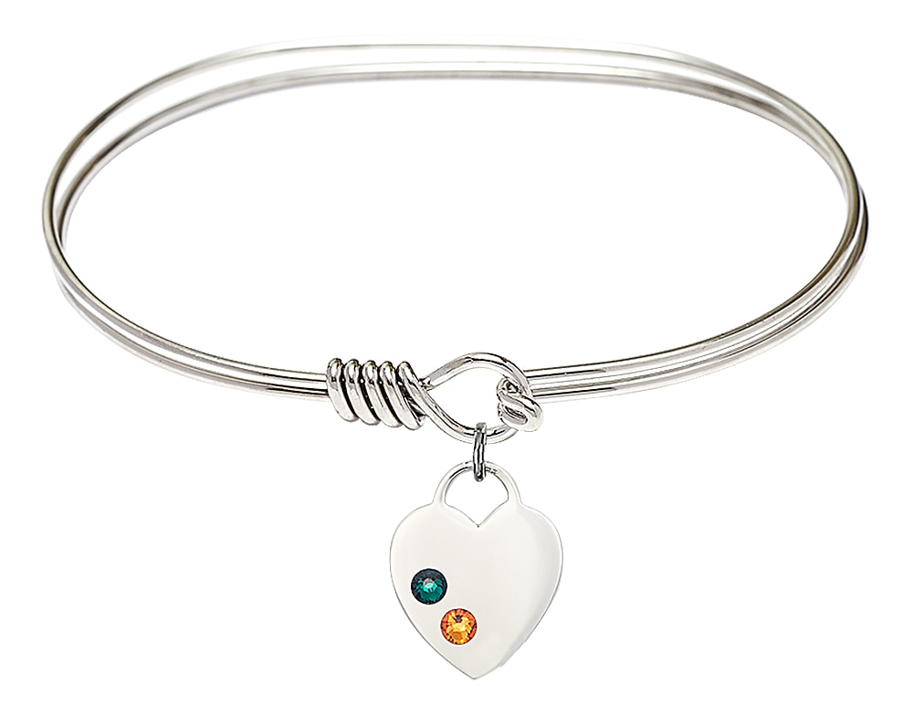 7-Inch Rhodium Plated Eye-Hook Bangle Bracelet with Sterling Silver Heart Charm Featuring the School Colors - Green and Yellow Stones