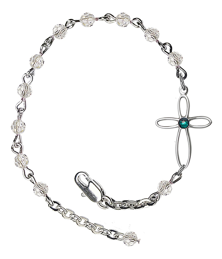 Silver Loop Style Cross Charm with School Color on a 7-1/2 Inch Crystal Bracelet - Green Stone