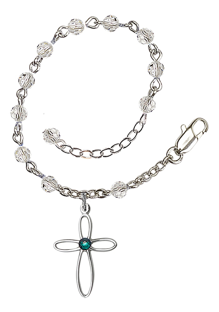 Sterling Silver Loop Style Cross Charm with School Color on a 7-1/2 Inch Crystal Bracelet - Green Stone