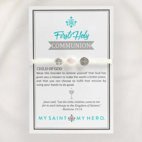 My Saint My Hero First Holy Communion Kids Bracelet - White/White Pearl/Silver