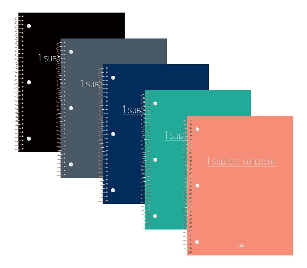 One Subject Spiral Notebook, College Ruled, 3 Hole Punch, Perforated, 10.5" x 8", 70 Sheets, Assorted Poly Covers