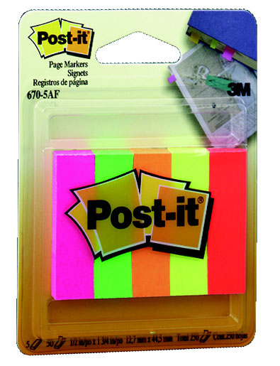 3M Post-it Page Markers Flourescent Colors, 5 Pads