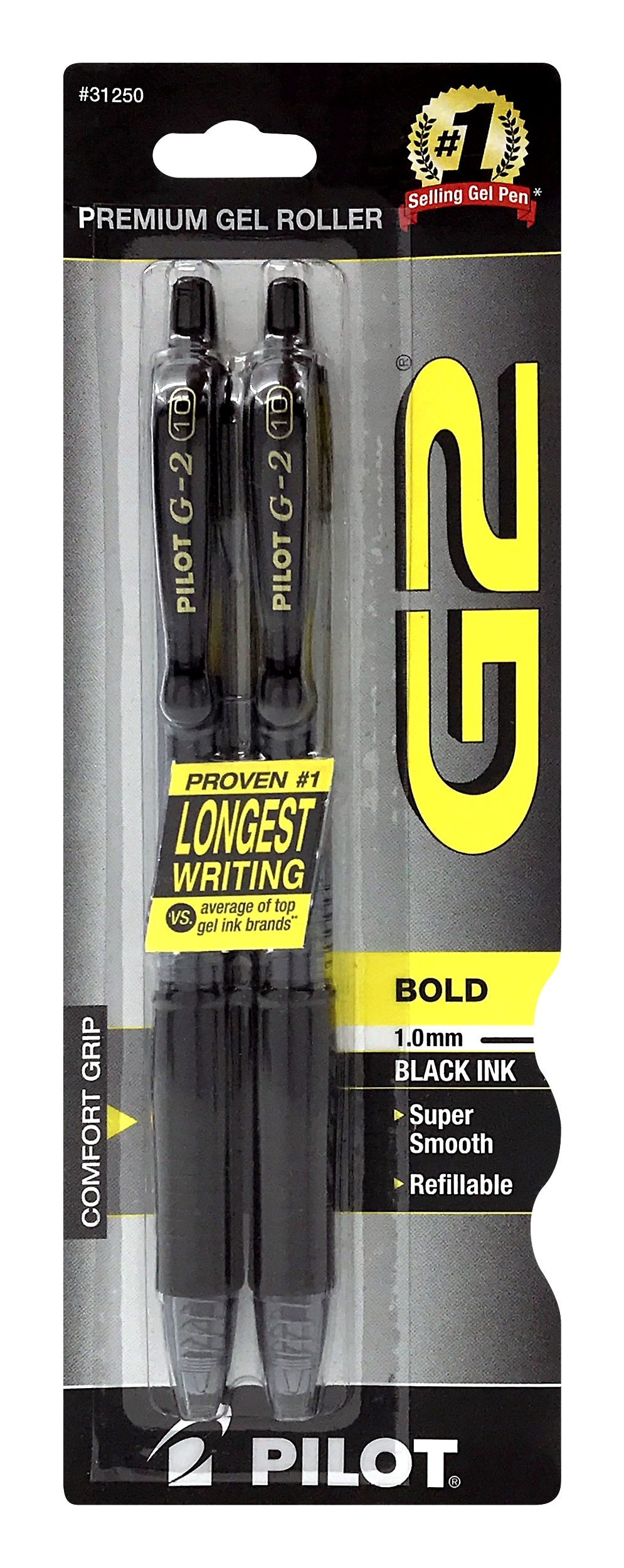 Pilot G2 Retractable Roller Gel Pen Bold 1.0mm Black 2Pack