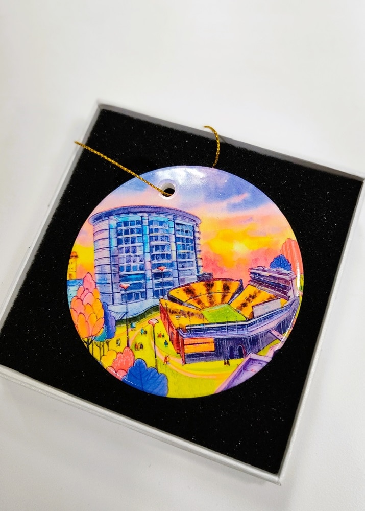 Stead Hospital & Kinnick Stadium Ornament 2" Ceramic, dual graphic