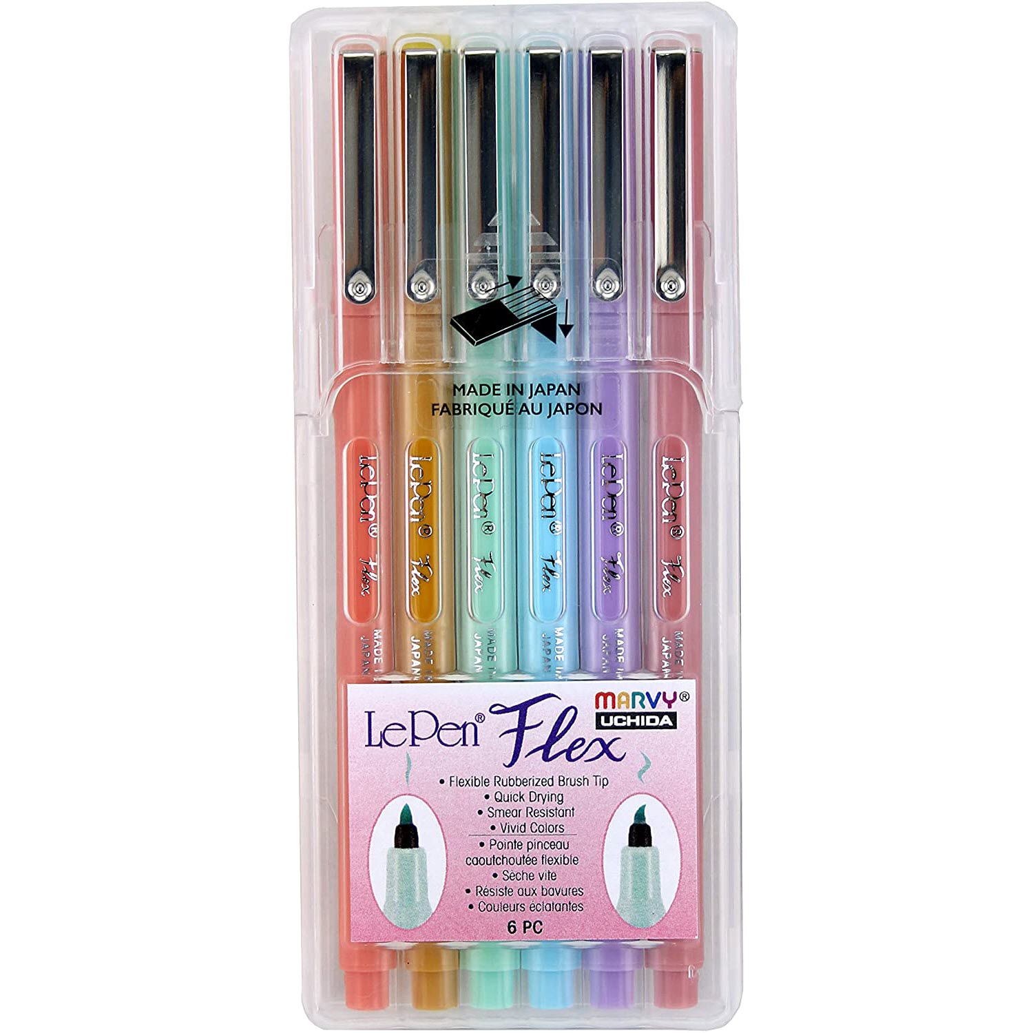 Le Pen Flex 6 Piece Set Pastel: Dusty Pink Coral Pink Ochre Peppermint Pale Blue Wisteria Amethyst Magenta Teal Orental Blue