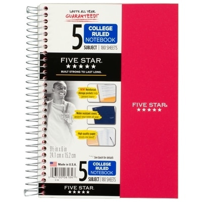 Five Star Wirebound Notebook 5 Subject College Ruled 9 12 x 6 Assorted Colors