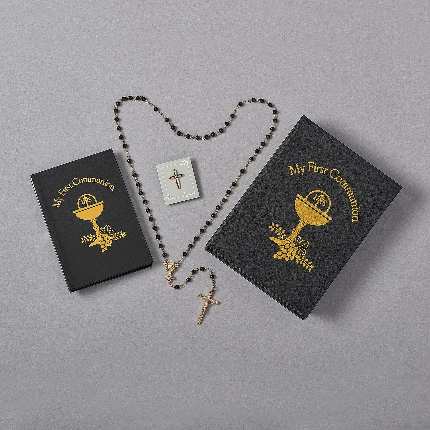 4pc Black/Gold Communion Set Folder with Rosary, Book, Pin