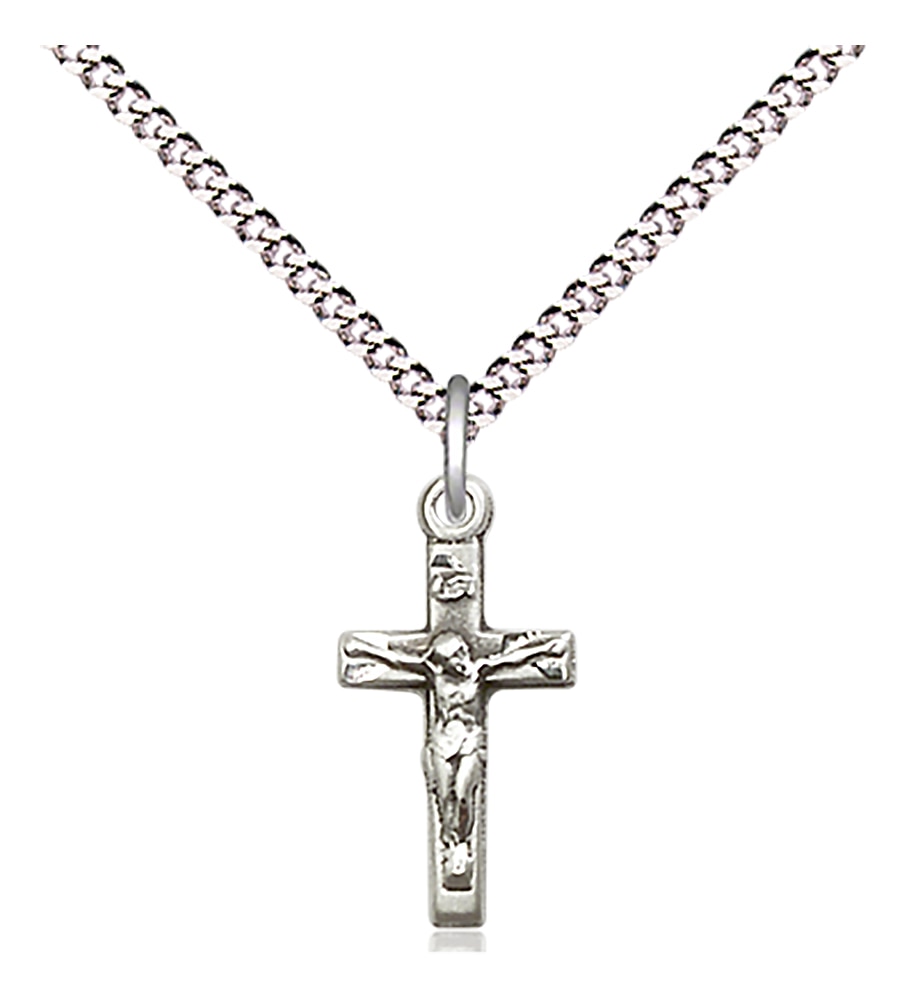 Sterling Silver Crucifix Pendant on an 18-inch Light Rhodium Light Curb Chain.  Handmade in the USA