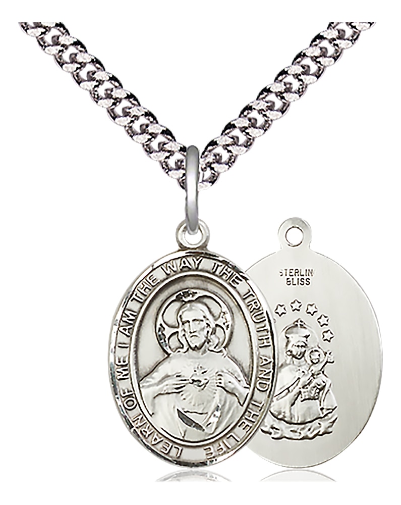 Sterling Silver Scapular Pendant on an 18-inch Light Rhodium Heavy Curb Chain.  Handmade in the USA