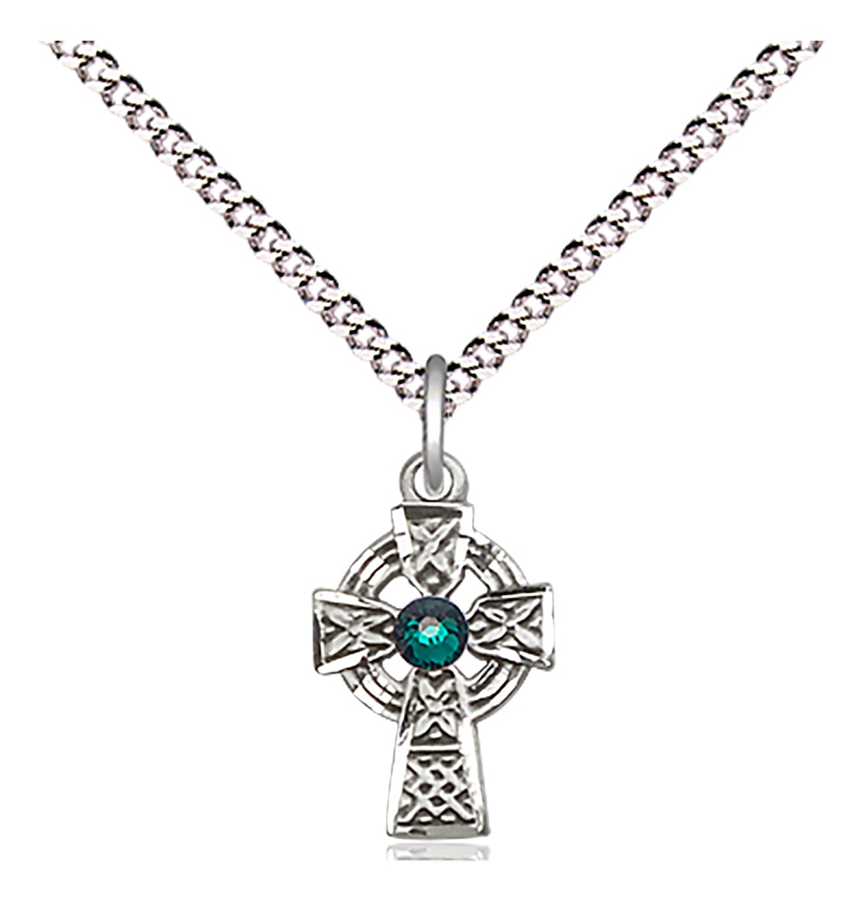 Sterling Silver Celtic Cross Pendant with a 3mm Dark Green Austrian Crystal stone on an 18-inch Light Rhodium Light Curb Chain.  Handmade in the USA