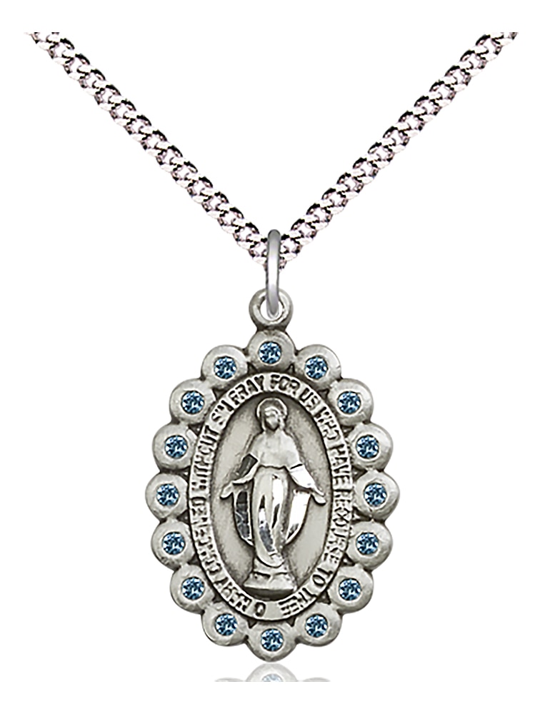 Sterling Silver Miraculous Pendant with Aqua Austrian Crystal stones on an 18-inch Light Rhodium Light Curb Chain.  Handmade in the USA