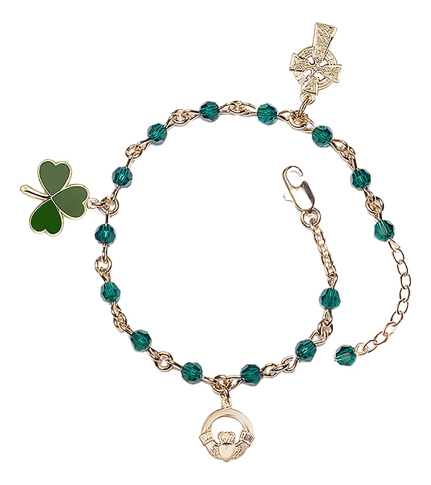 Adjustable Dark Green, Austrian Crystal Irish Rosary Bracelet in Gold-Plated. Handmade in the USA