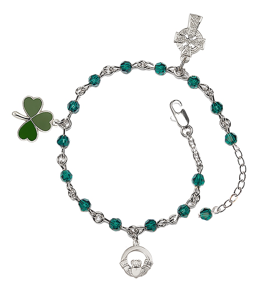 Adjustable Dark Green, Austrian Crystal Irish Rosary Bracelet in Silver-Plated.  Handmade in the USA