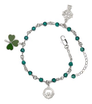 Adjustable Dark Green, Austrian Crystal Irish Rosary Bracelet in Silver-Plated.  Handmade in the USA