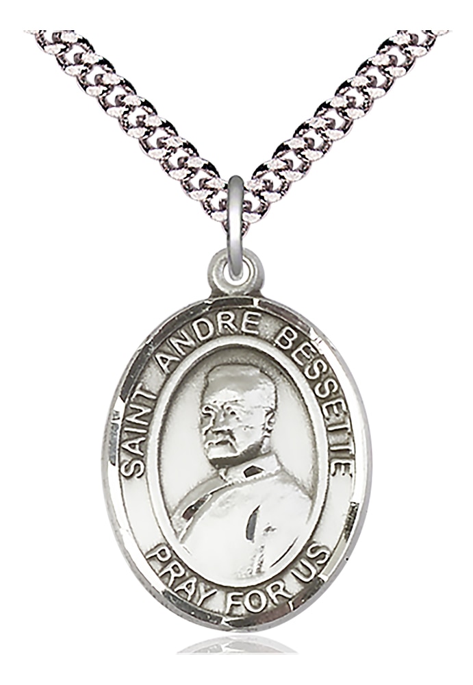 Sterling Silver Saint Andre Bessette Pendant on an 24-inch Light Rhodium Heavy Curb Chain.  Handmade in the USA