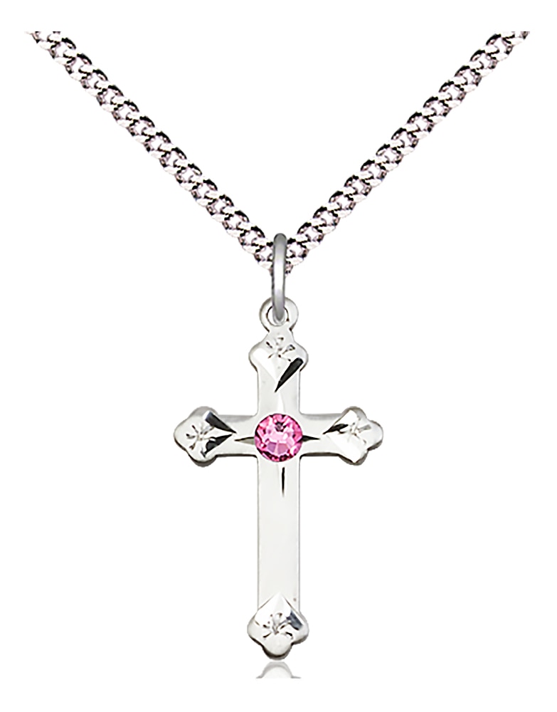 Sterling Silver Cross Pendant with a 3mm Rose Austrian Crystal stone on an 18-inch Light Rhodium Light Curb Chain.  Handmade in the USA