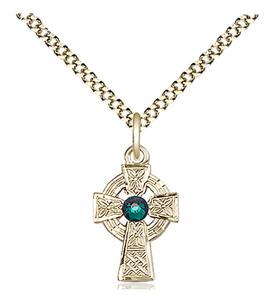 14kt Gold Filled Celtic Cross Pendant with a 3mm Dark Green Austrian Crystal stone on an 18-inch Gold Plate Light Curb Chain.  Handmade in the USA