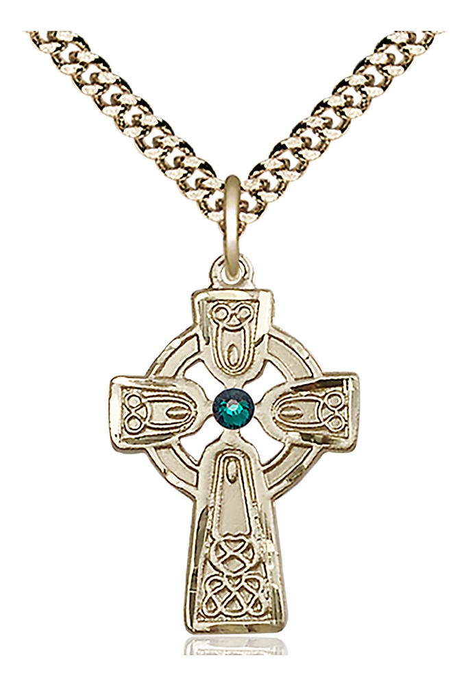 14kt Gold Filled Celtic Cross w/ Dark Green Stone Pendant with a 3mm Dark Green Austrian Crystal stone on an 24-inch Gold Plate Heavy Curb Chain.  Handmade in the USA