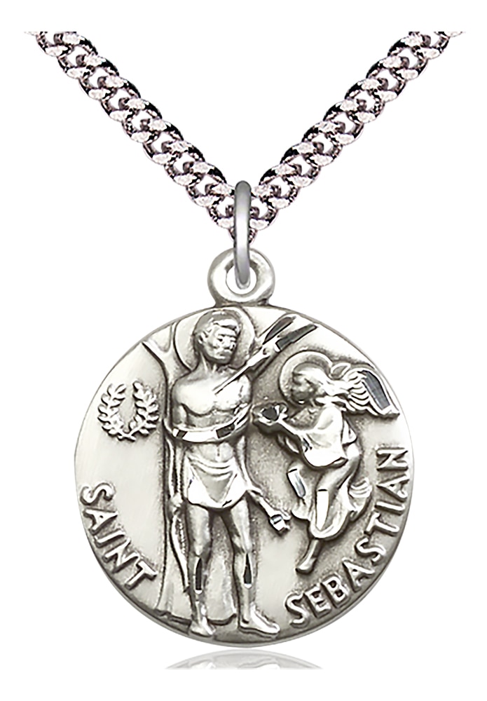 Sterling Silver Saint Sebastian Pendant on an 24-inch Light Rhodium Heavy Curb Chain.  Handmade in the USA