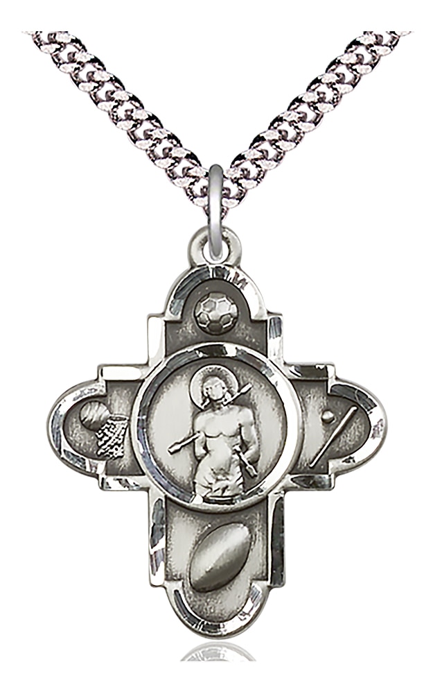Sterling Silver Sports 5-Way St Sebastian Pendant on an 24-inch Light Rhodium Heavy Curb Chain.  Handmade in the USA