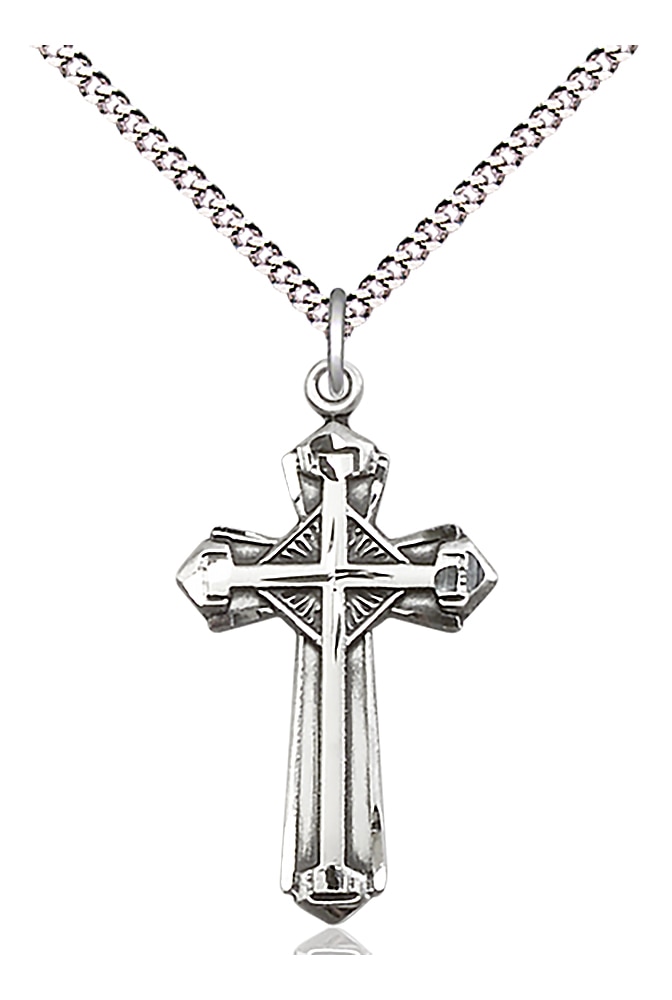 Sterling Silver Cross Pendant on an 18-inch Light Rhodium Light Curb Chain.  Handmade in the USA