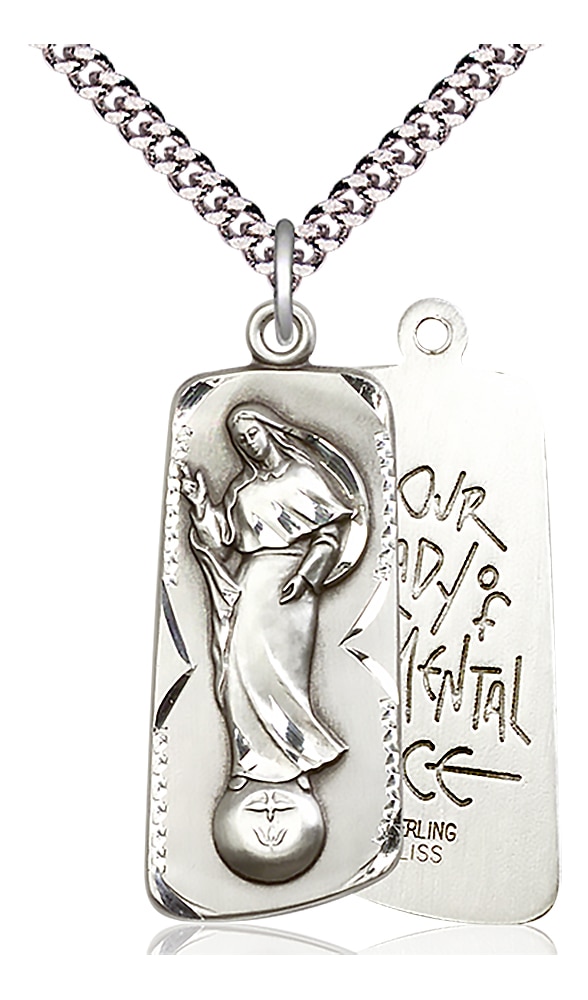 Sterling Silver Our Lady of Mental Peace Pendant on an 24-inch Light Rhodium Heavy Curb Chain.  Handmade in the USA