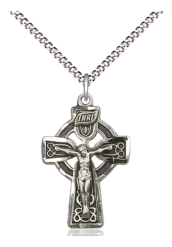 Sterling Silver Celtic Crucifix Pendant on an 18-inch Light Rhodium Light Curb Chain.  Handmade in the USA