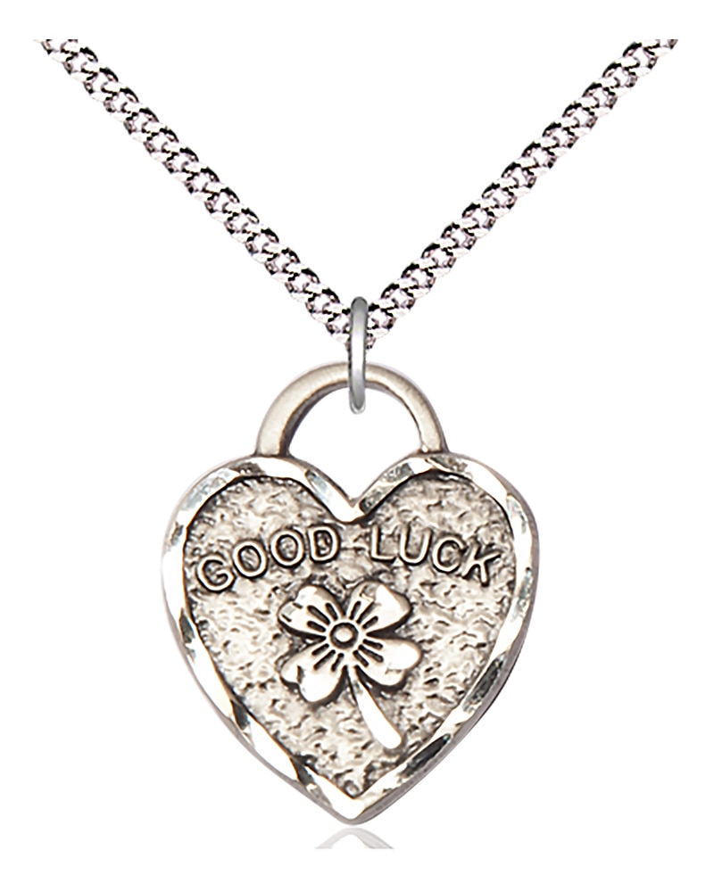 Sterling Silver Good Luck Shamrock Heart Pendant on an 18-inch Light Rhodium Light Curb Chain.  Handmade in the USA