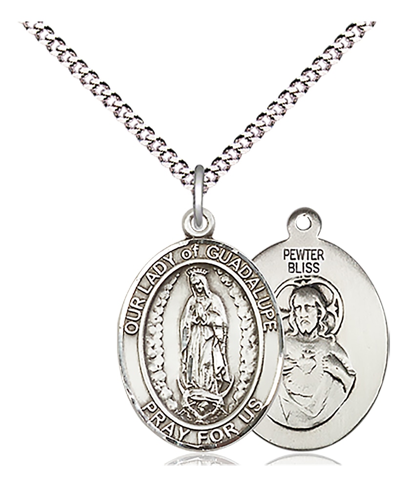 Sterling Silver Our Lady of Guadalupe Pendant on an 18-inch Light Rhodium Light Curb Chain.  Handmade in the USA