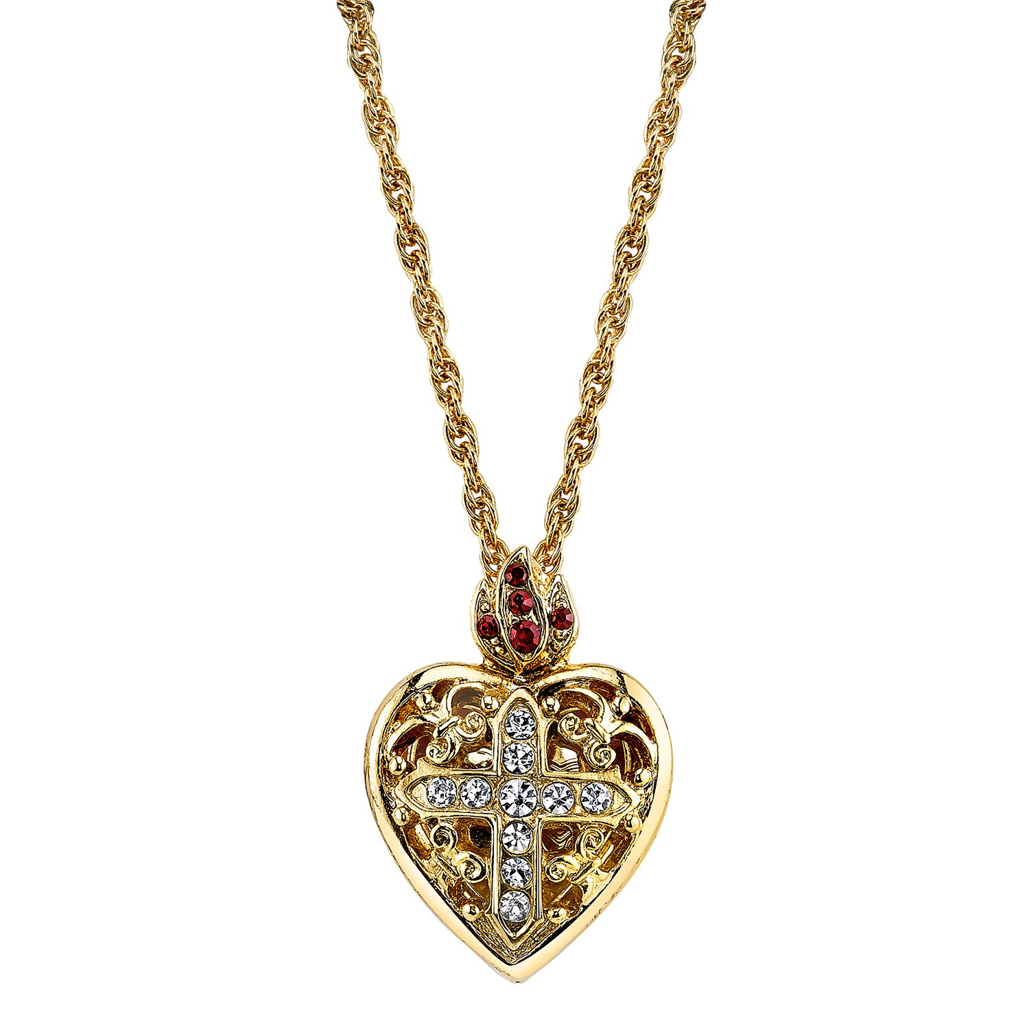 1928 Symbols of Faith 14K Gold Dipped Cross Heart Locket Necklace 18 inch chain