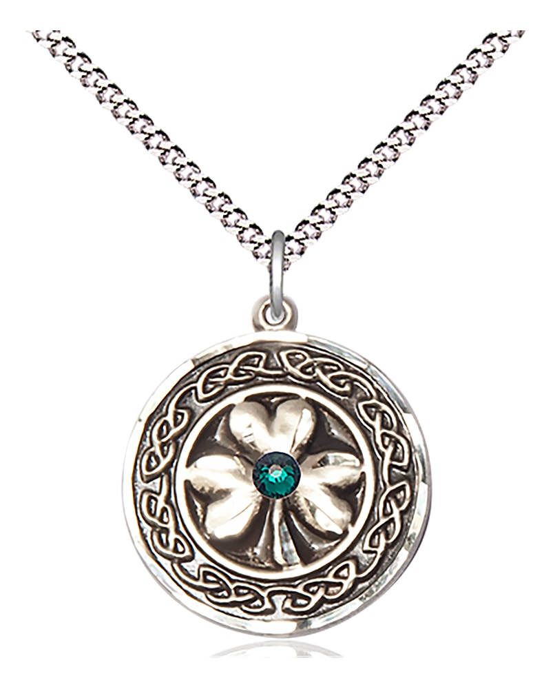 Sterling Silver Shamrock w/Celtic Border Pendant with a 3mm Dark Green Austrian Crystal stone on an 18-inch Light Rhodium Light Curb Chain.  Handmade in the USA