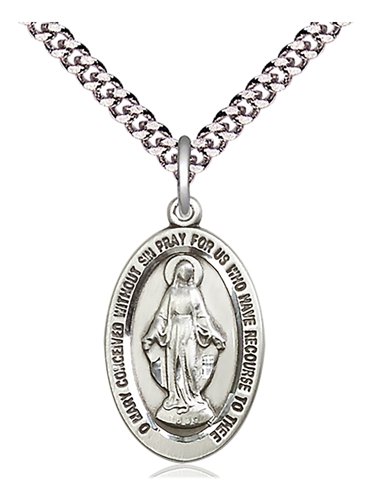Sterling Silver Miraculous Pendant on an 24-inch Light Rhodium Heavy Curb Chain.  Handmade in the USA