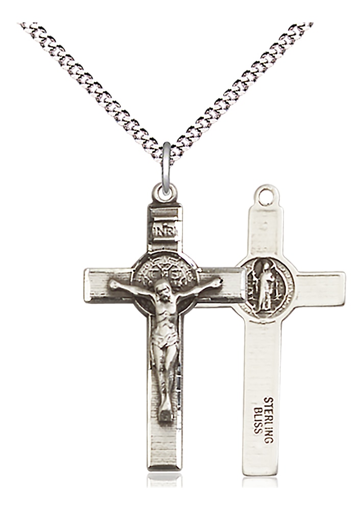 Sterling Silver Saint Benedict Crucifix Pendant on an 18-inch Light Rhodium Light Curb Chain.  Handmade in the USA