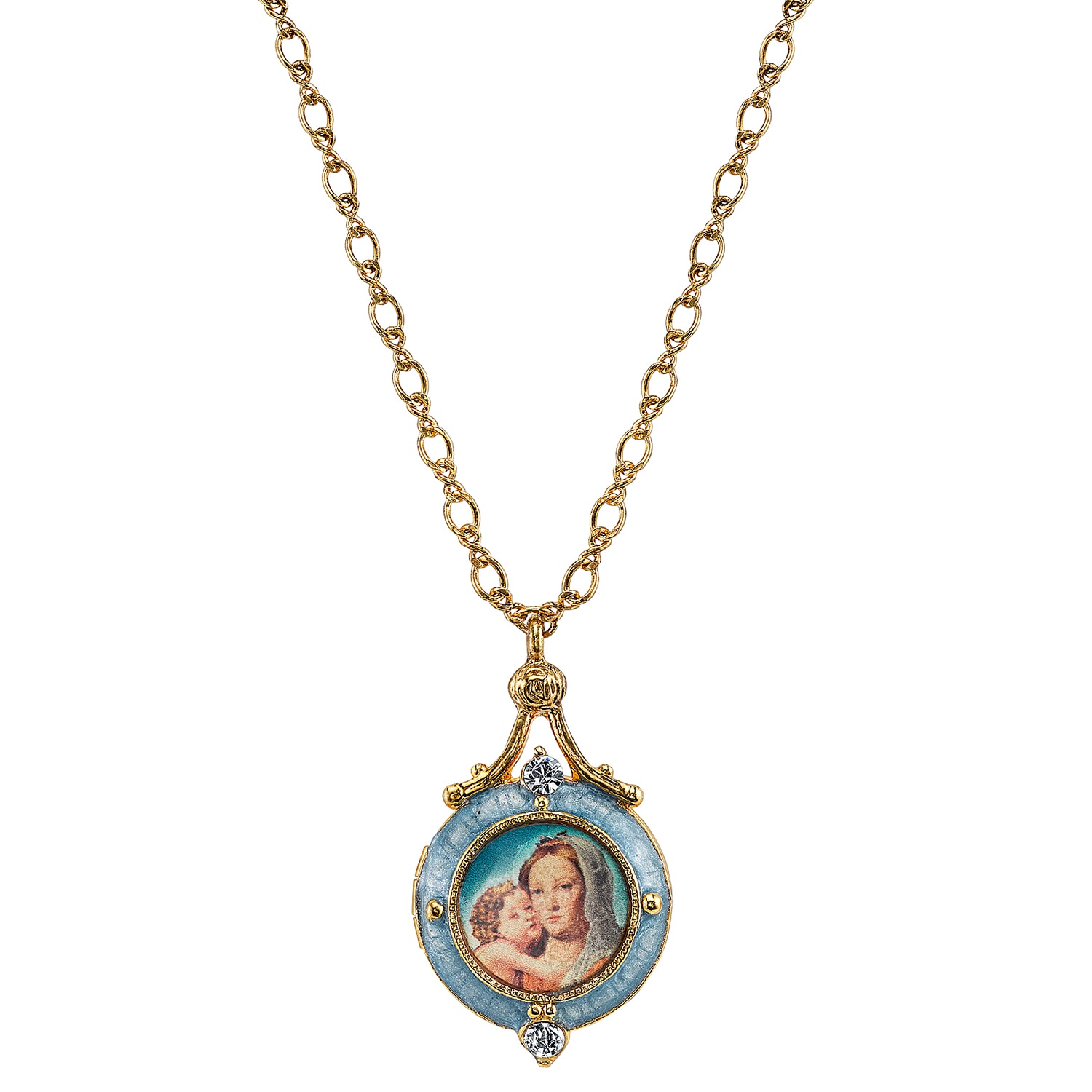 1928 Symbols of Faith gold tone enamel Mary and Child locket necklace 18 inch chain