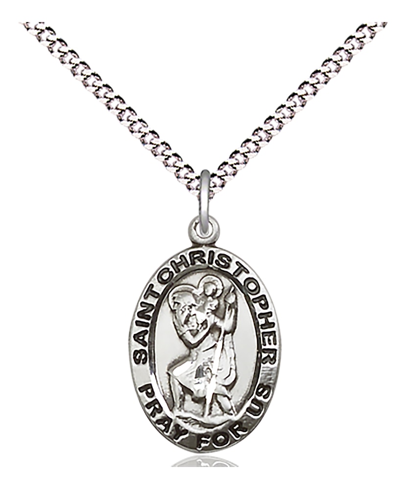 Sterling Silver Saint Christopher Pendant on an 18-inch Light Rhodium Light Curb Chain.  Handmade in the USA